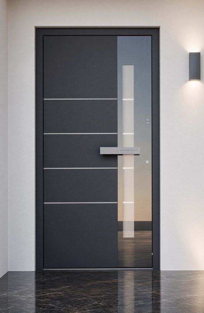 Anthrazitfarbene Aluminium-Haustür mit schmalem senkrechtem Glasausschnitt und waagrechten Zierleisten