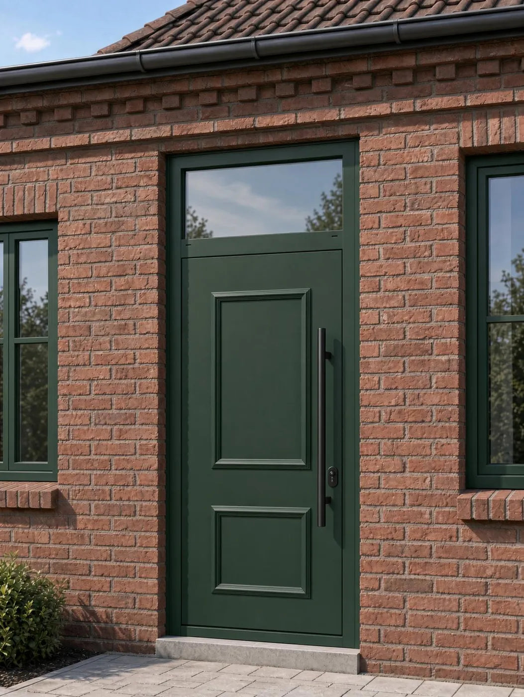 Dunkelgrüne Haustür mit Kassettenfüllungen und Oberlicht aus Glas in einer Fassade aus rotem Klinker