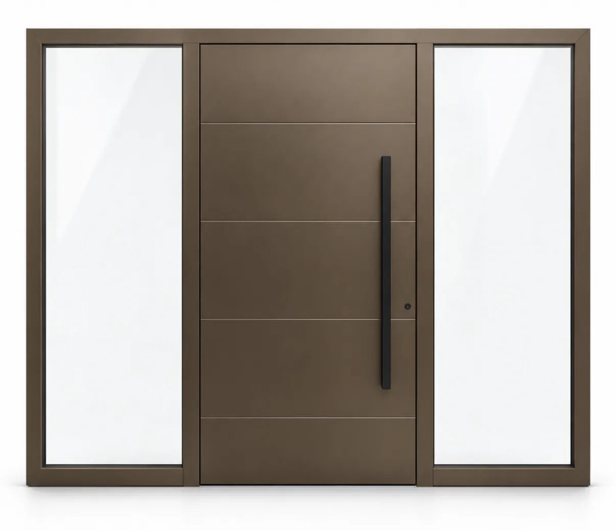 Bronzefarbene Aluminium-Haustür mit waagrechten Zierfugen, langem schwarzem Stangengriff und zwei hohen Seitenteilen aus Glas links und rechts